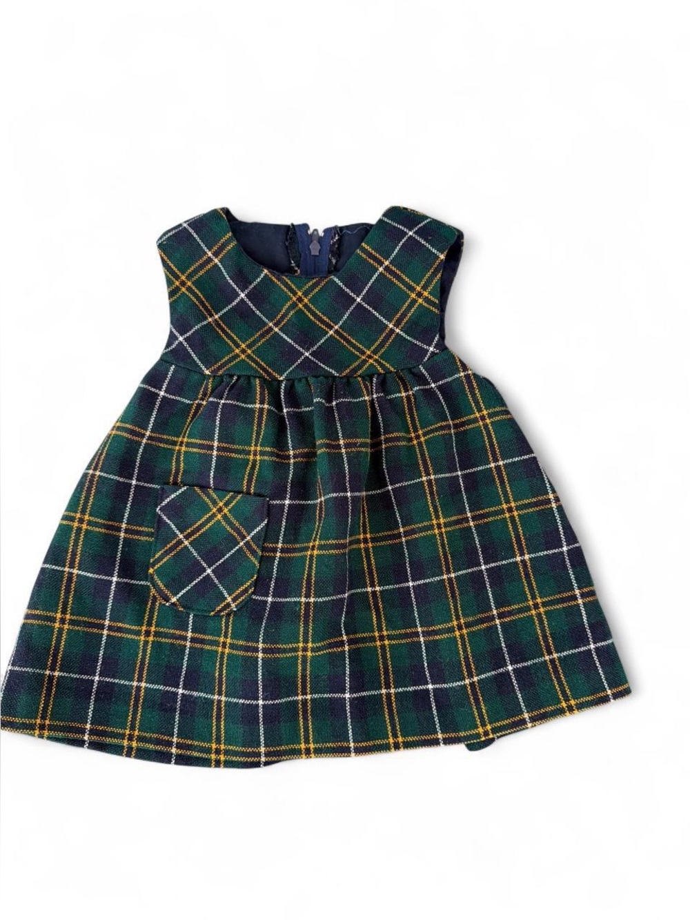 Vintage Girls Green Navy Plaid Pinafore Dress size 12 months